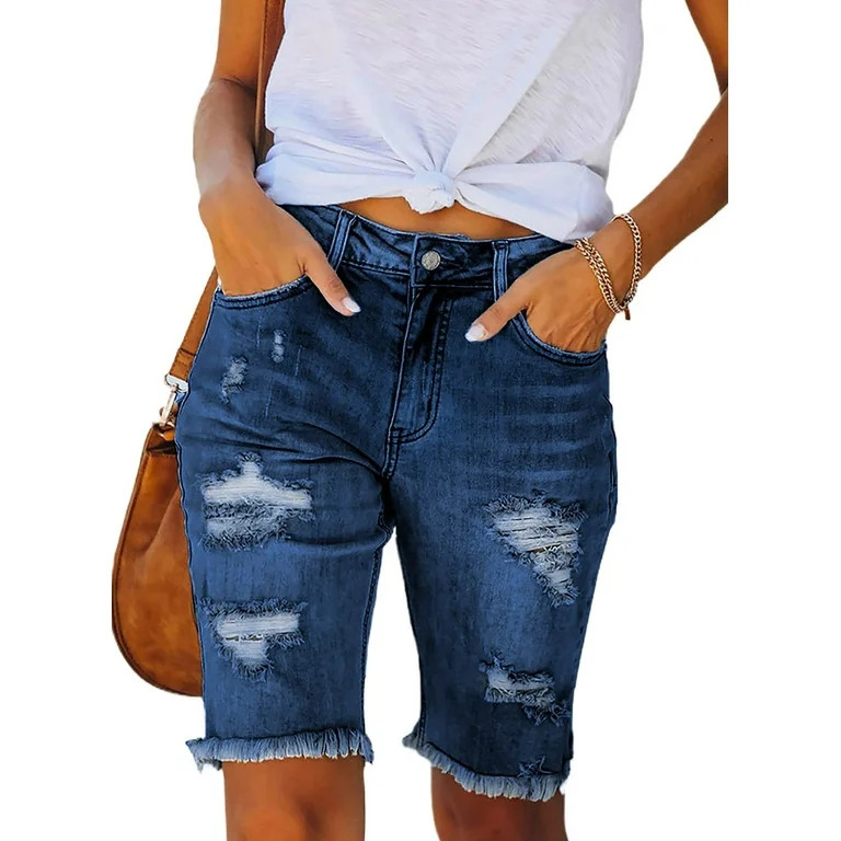 Blibea Womens Bermuda Jean Shorts with Pockets Distressed Ripped Denim Bermuda Shorts Blue Size 8 | Walmart (US)
