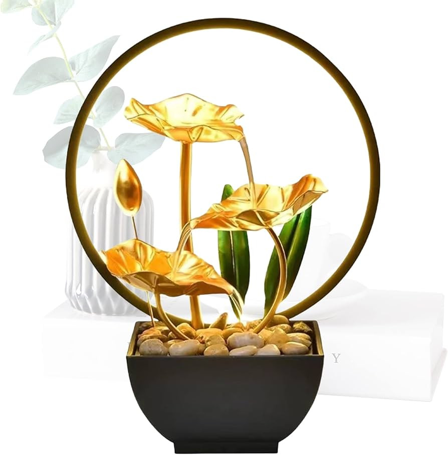 Indoor Tabletop Fountain,3-Tiers Lotus Leaf Small Waterfall Fountains,Resin Meditation Fountain,Z... | Amazon (UK)