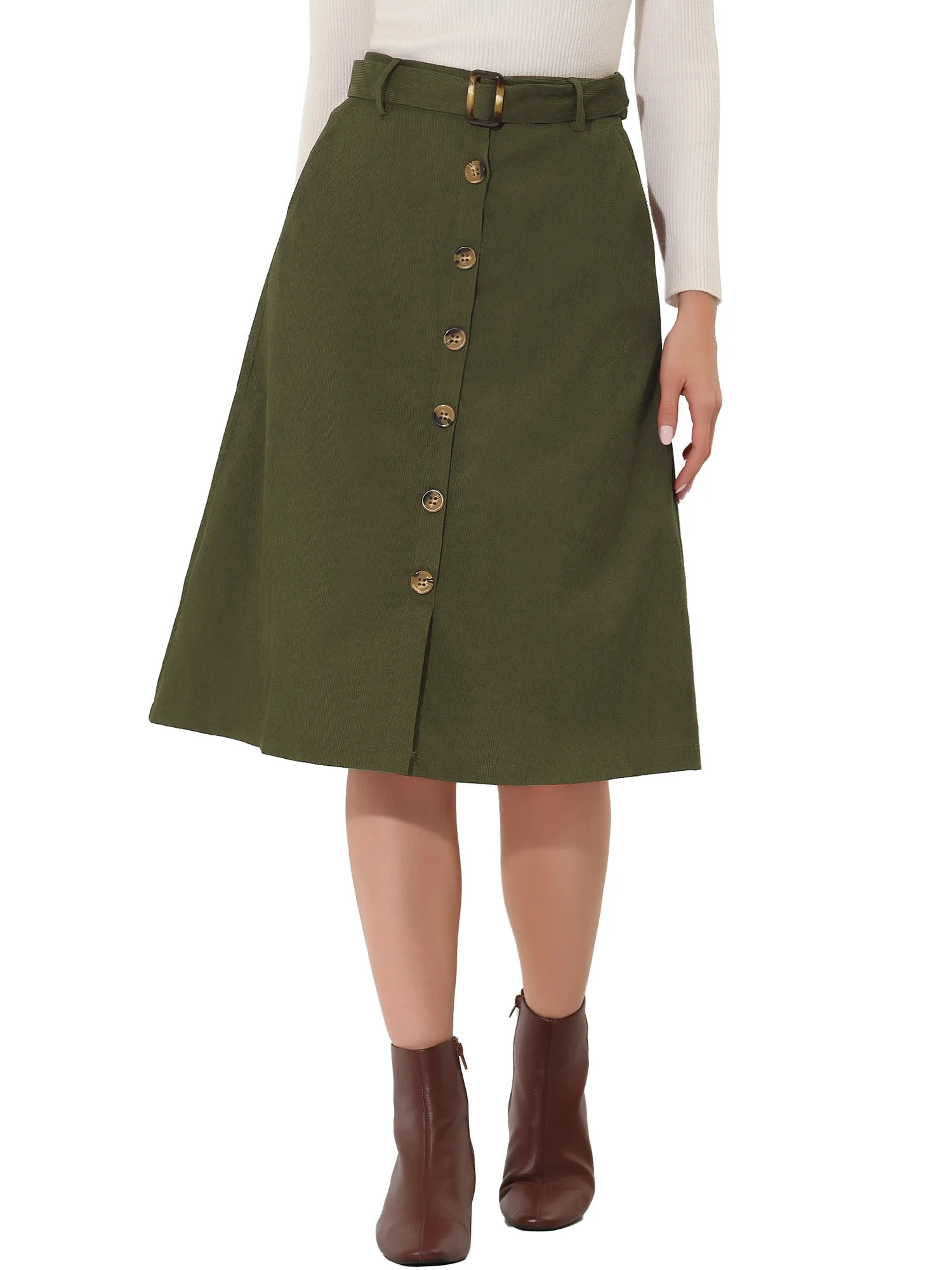 INSPIRE CHIC Women's Skirt High Waist Button Front Belted Corduroy Midi Skirt M Green | Walmart (US)