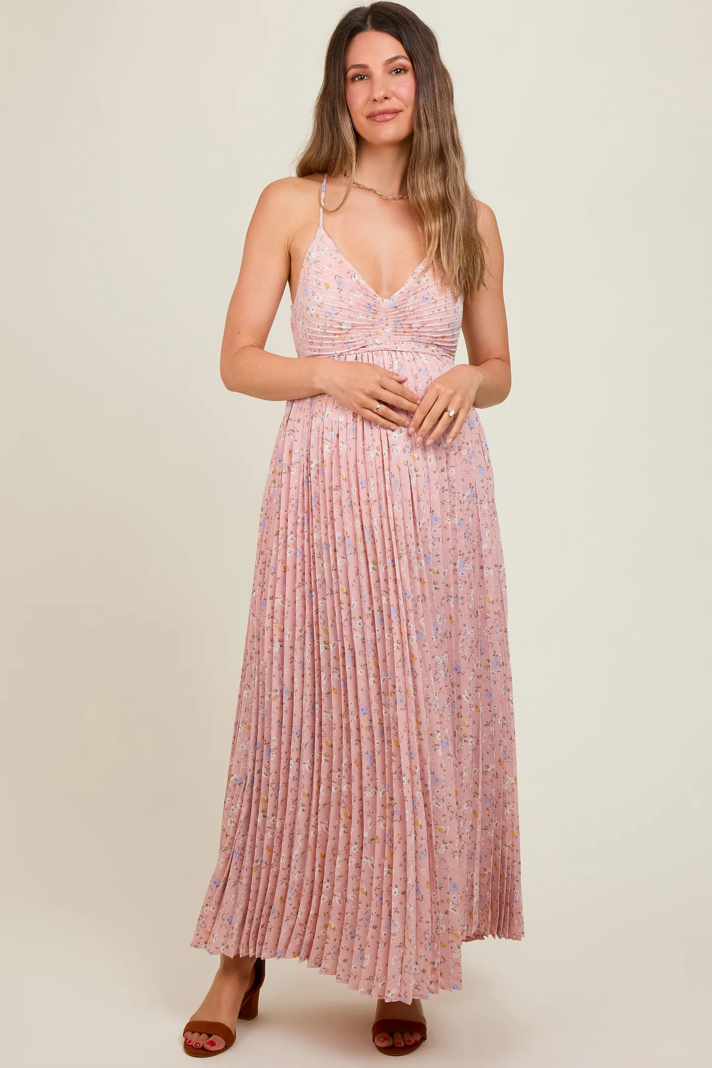 Light Pink Floral Pleated Back Cutout Maternity Maxi Dress | PinkBlush Maternity