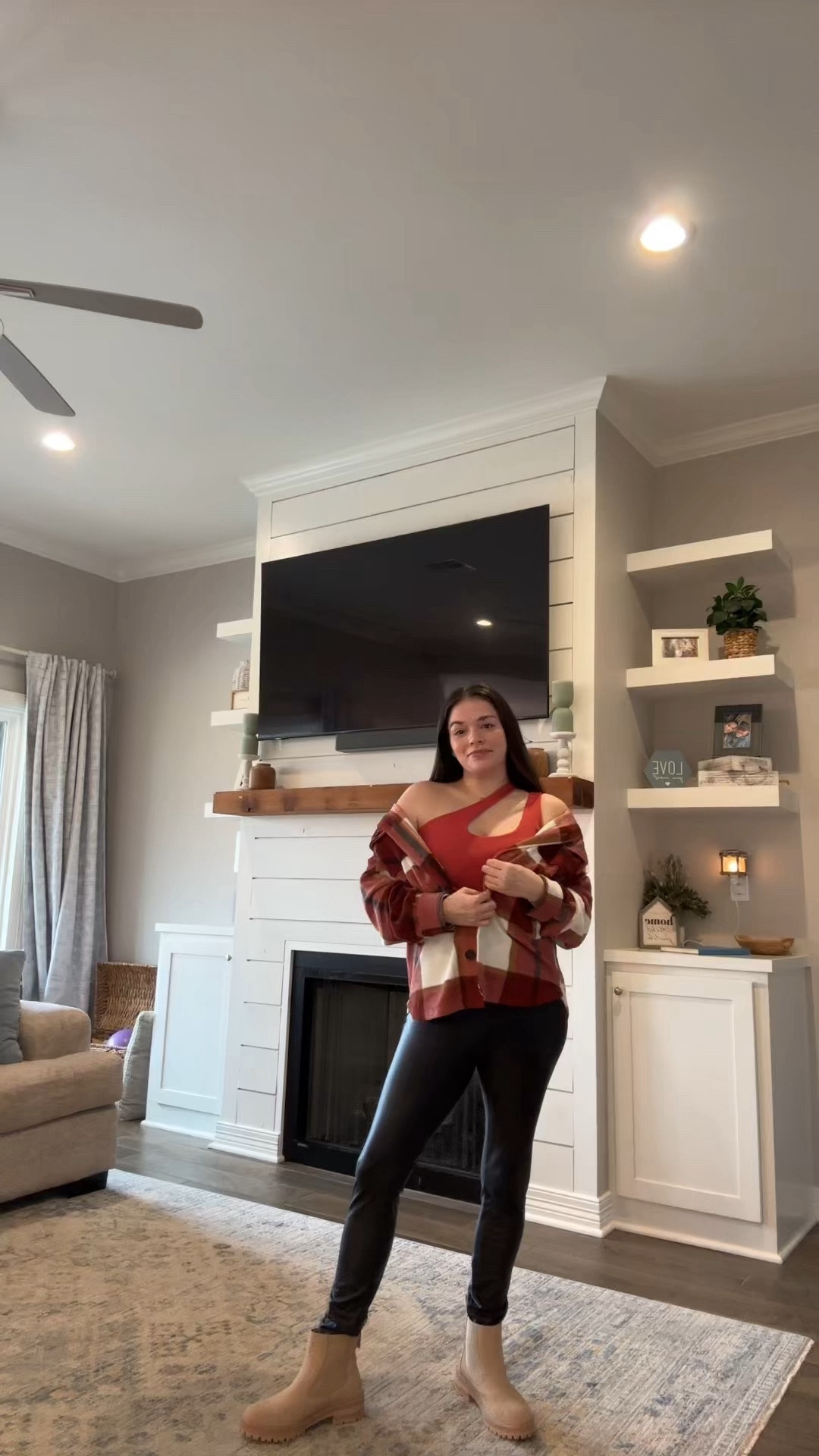 One shoulder top, shacket, flannel shacket, faux leather pants, leggings, lug sold boots, lug boots 

#LTKshoecrush #LTKfindsunder100 #LTKstyletip