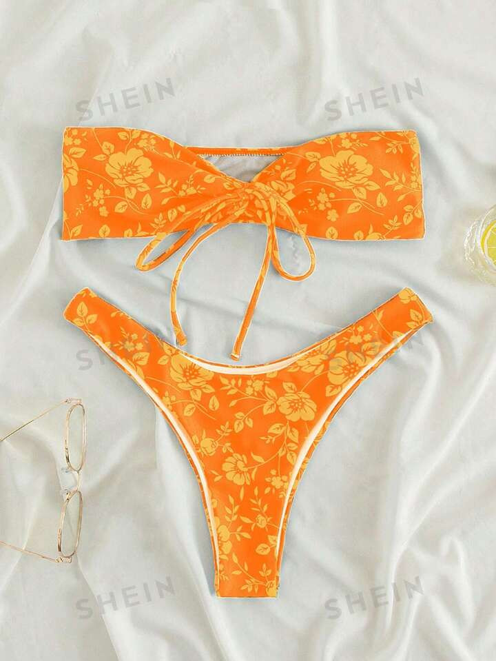 SHEIN Swim Floral Print Bandeau Bikini Swimsuit | SHEIN