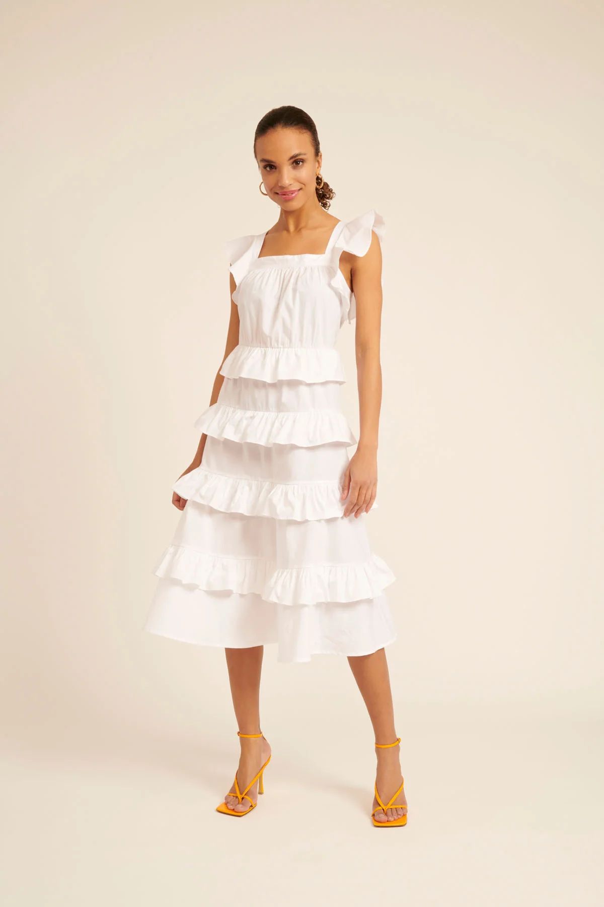 Cotton Poplin Tiered Midi Sundress - White | Rachel Parcell