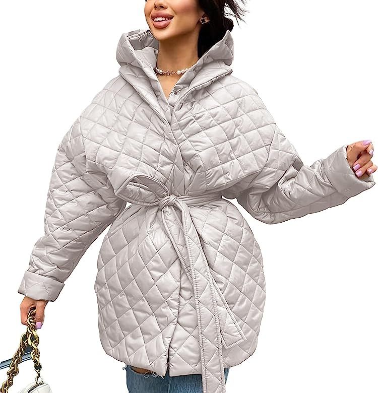 BTFBM Women Button Down Quilted Jacket Coat Winter Fashion Belted Removable Padded Hood Puffer Ou... | Amazon (US)