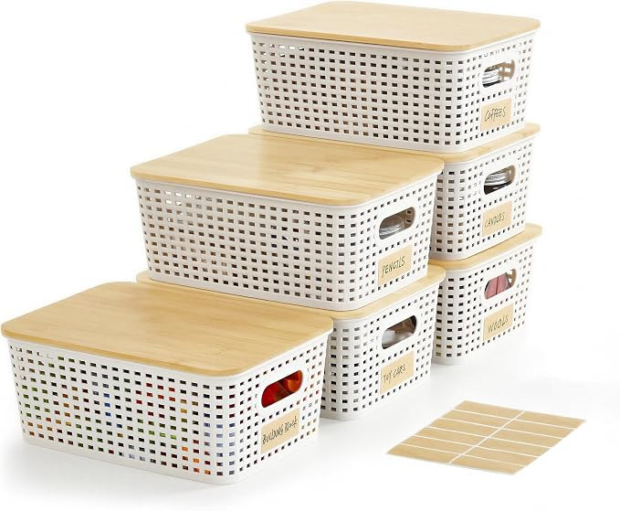 Bagnizer Small Plastic Storage Bins with Bamboo Lids 5.2qt Stackable Box Basket Pantry Decorative... | Amazon (US)