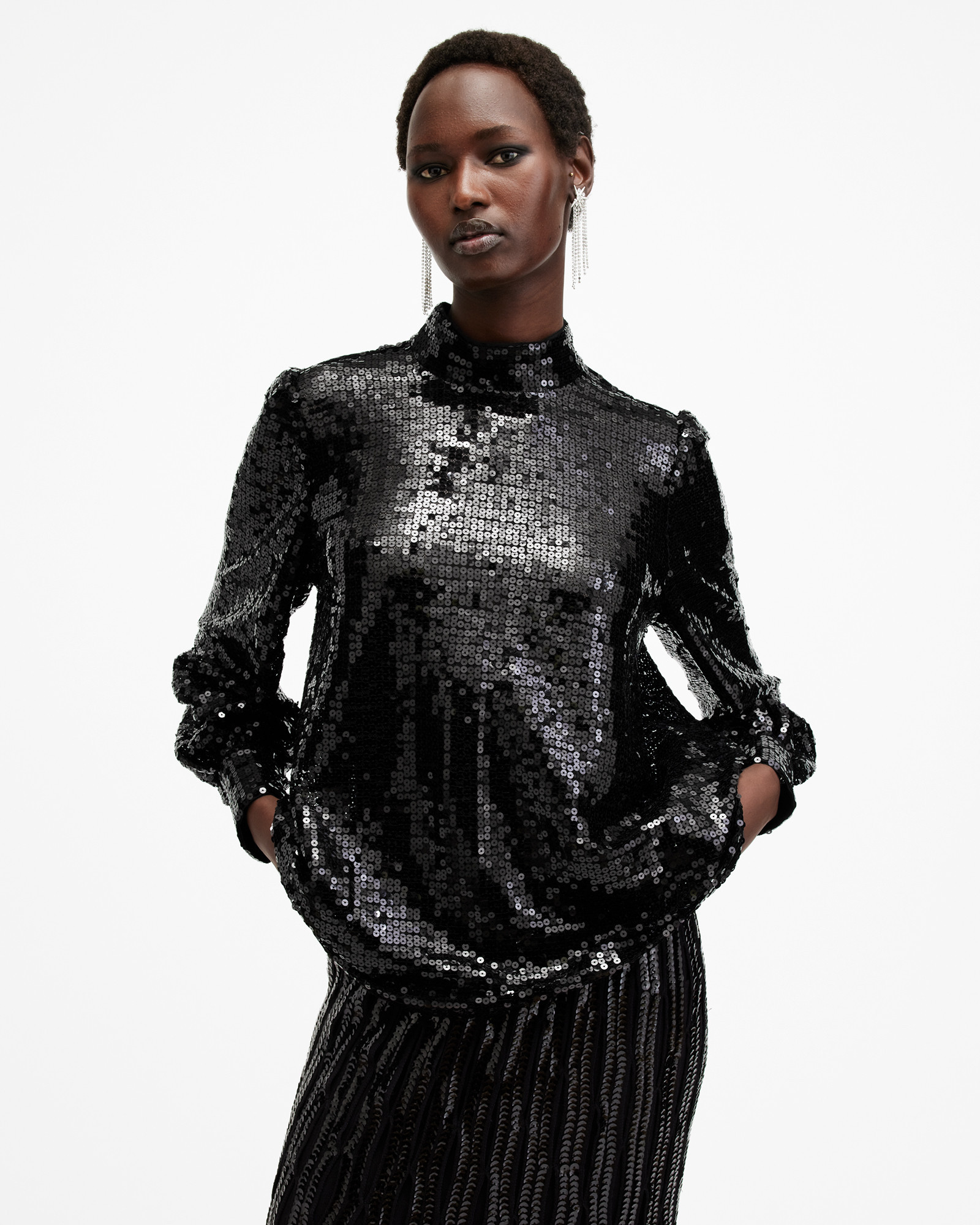 Whitney Long Sleeve Sequin Top | AllSaints UK