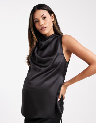 ASOS DESIGN Maternity sleeveless cowl top with tie detail in satin in black | ASOS (Global)