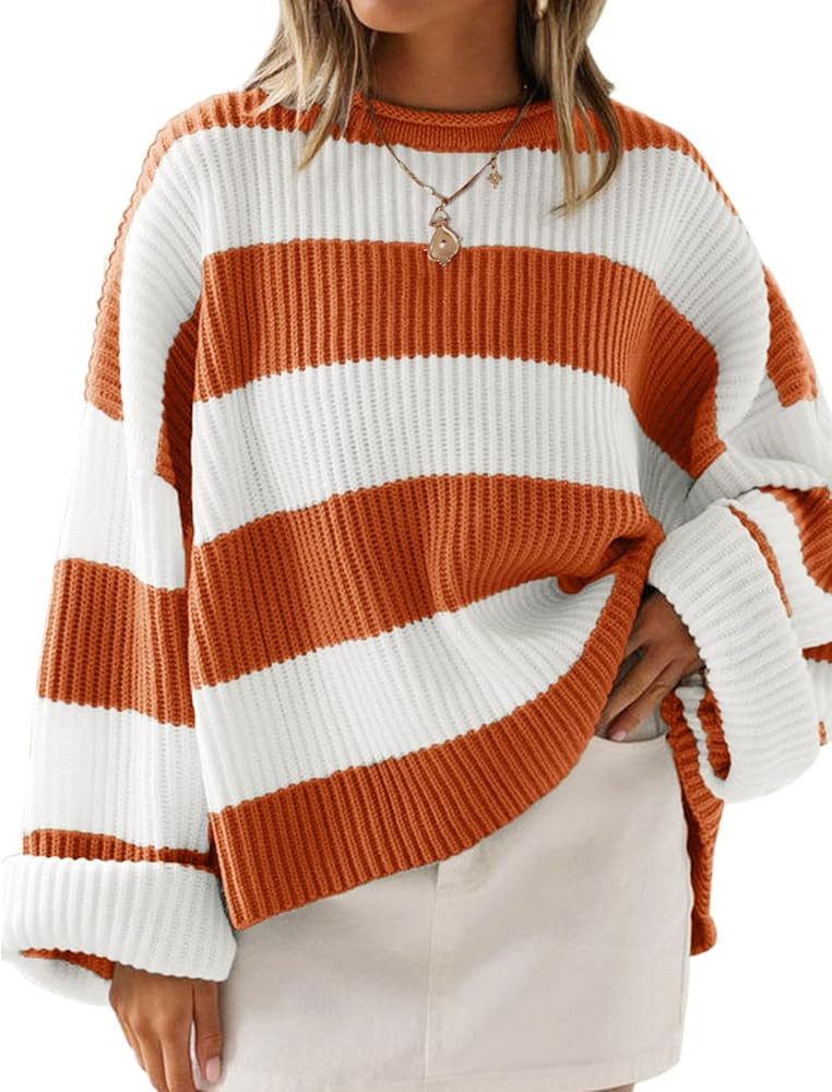 ZESICA Women's 2025 Fall Long Sleeve Oversized Striped Color Block Comfy Loose Crew Neck Knitted ... | Amazon (US)