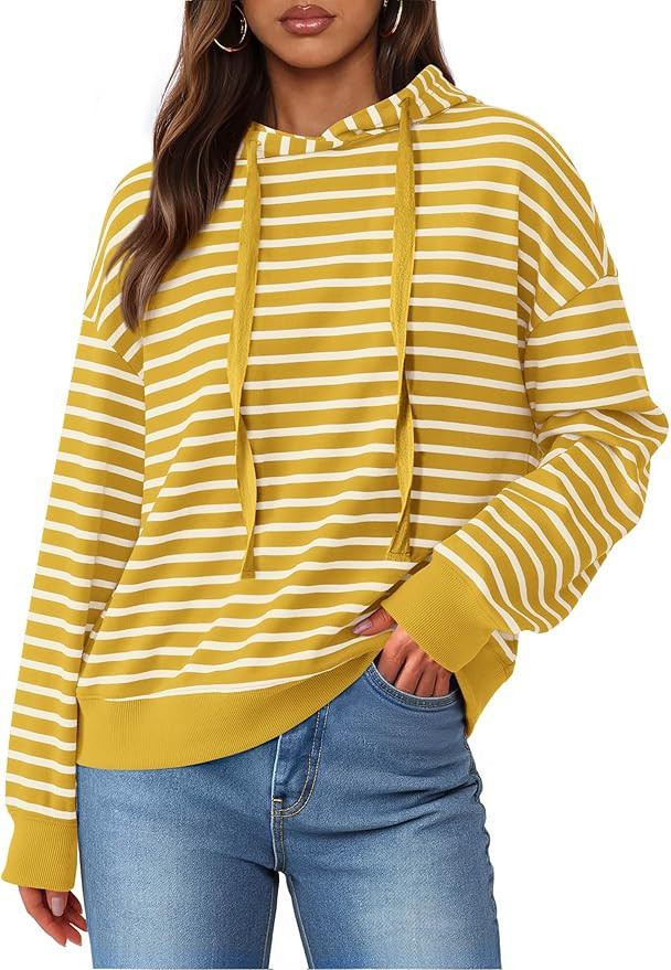 KIRUNDO Hoodies for Women Fall Fashion 2025 Long Sleeve Striped Pullover Tops Casual Loose Sweats... | Amazon (US)