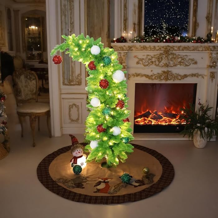 5FT Artificial Pencil Christmas Tree Prelit Curved Shape Whimsical Xmas Tree with Metal Base for ... | Amazon (US)