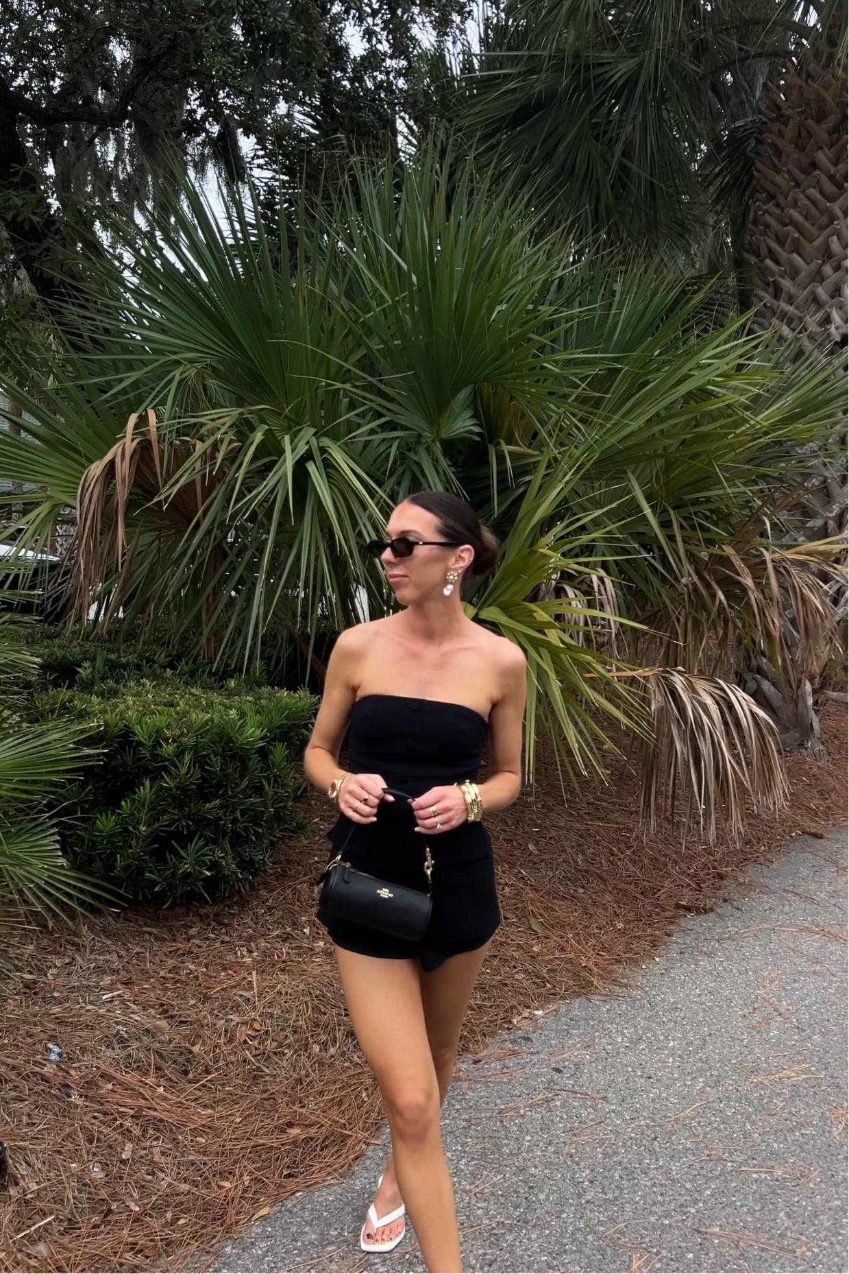 brunch outfit ft. Aritzia Strapless Top and micro shorts and a kitten heel flip flop from Open Edit. Accessories include a Coach black bag and gold jewelry 

#LTKFindsUnder100 #LTKStyleTip #LTKFindsUnder50