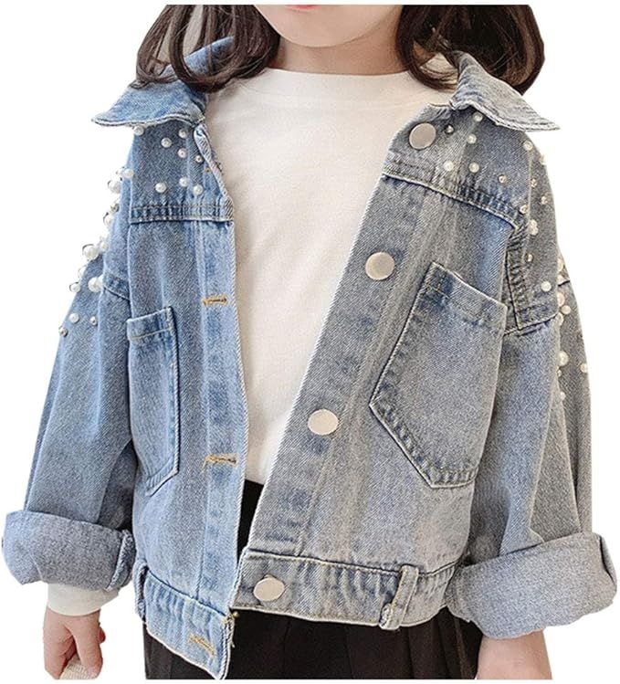 SCOFEEL Toddler & Kids Girls Denim Jacket Button Down Jeans Jacket Top with Pearls | Amazon (US)