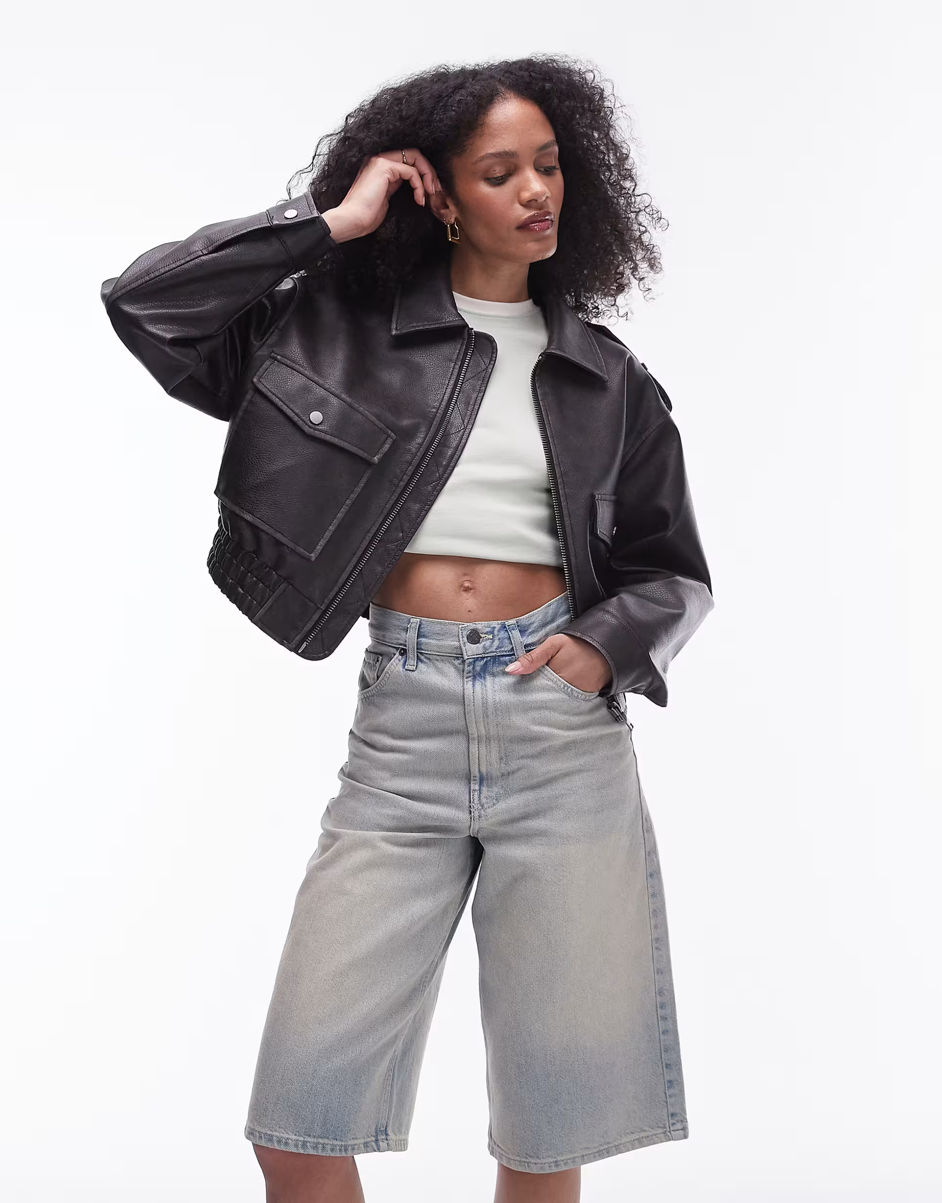 Topshop faux leather short bomber jacket in black | ASOS (Global)