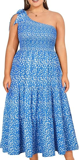 KIMCURVY Women's Plus Size 2024 Summer One Shoulder Sleeveless Knot Smocked Maxi Dress Tiered Flo... | Amazon (US)