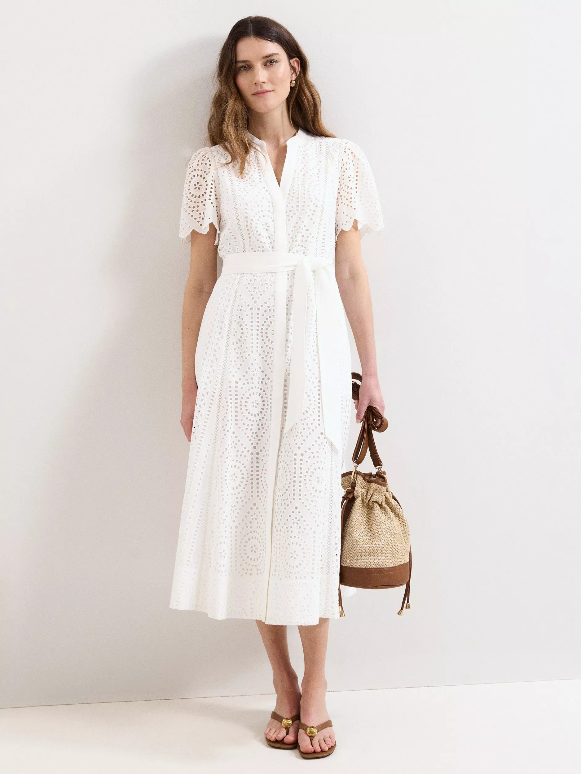 Phase Eight Aletta Broderie Midi Shirt Dress, White | John Lewis (UK)