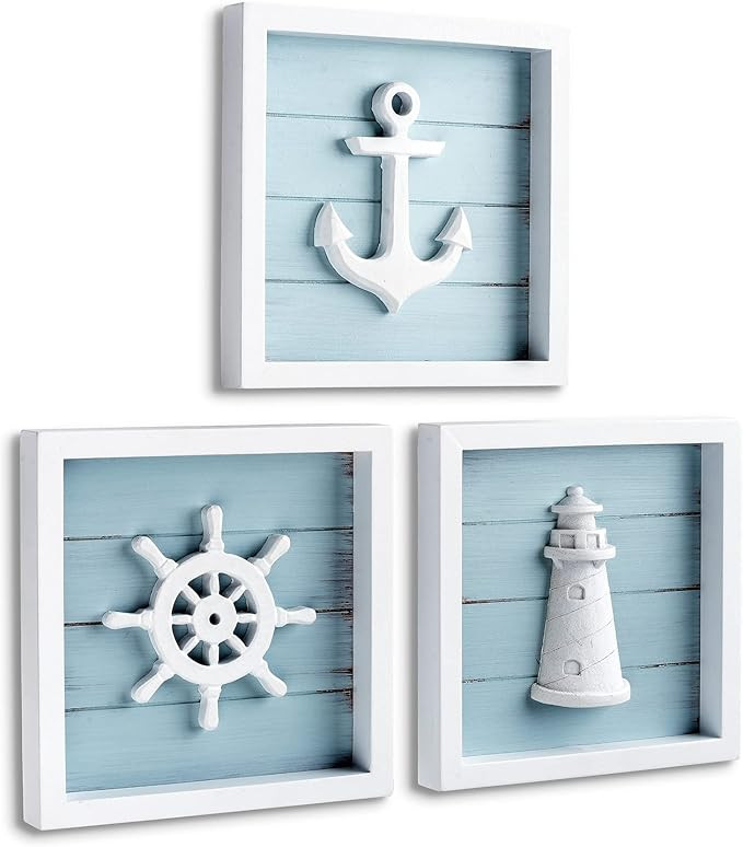 TideAndTales Nautical Wall Decor (7"x7") with 3-D Anchor, Lighthouse and Ship Wheel - Rustic Beac... | Amazon (UK)