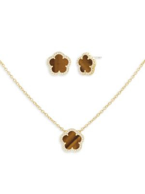 Flower 2-Piece 14K Goldplated, Tiger's Eye & Cubic Zirconia Huggie Necklace Set | Saks Fifth Avenue OFF 5TH