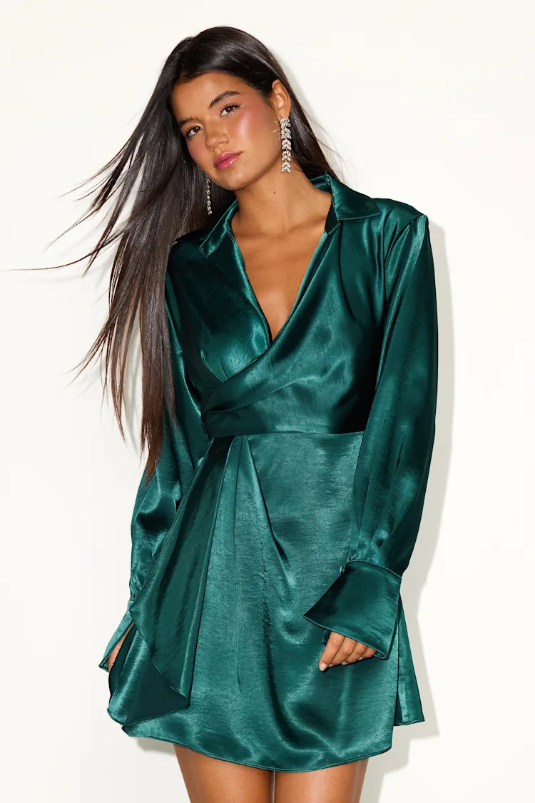 Rumaria Emerald Satin Faux-Wrap Mini Dress | Lulus