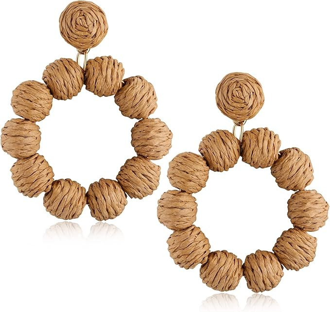 Statement Raffia Earrings for Women Girls Boho Rattan Ball Hoop Dangle Earrings Handmade Bohemia ... | Amazon (US)