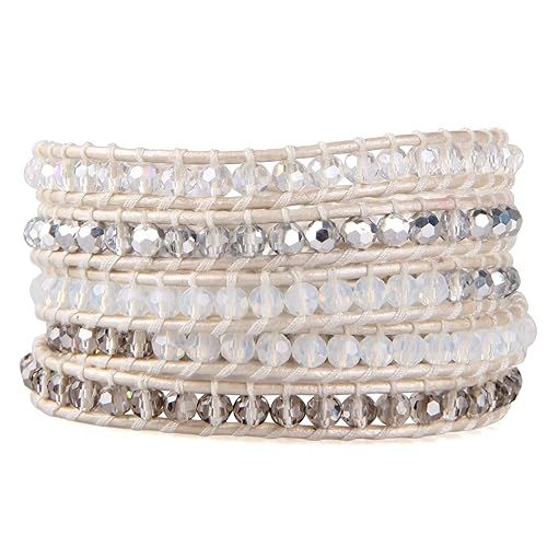 KELITCH Crystal Gray Beaded 5 Wrap Bracelet On Lvory Leather Handmade Jewelry | Amazon (US)