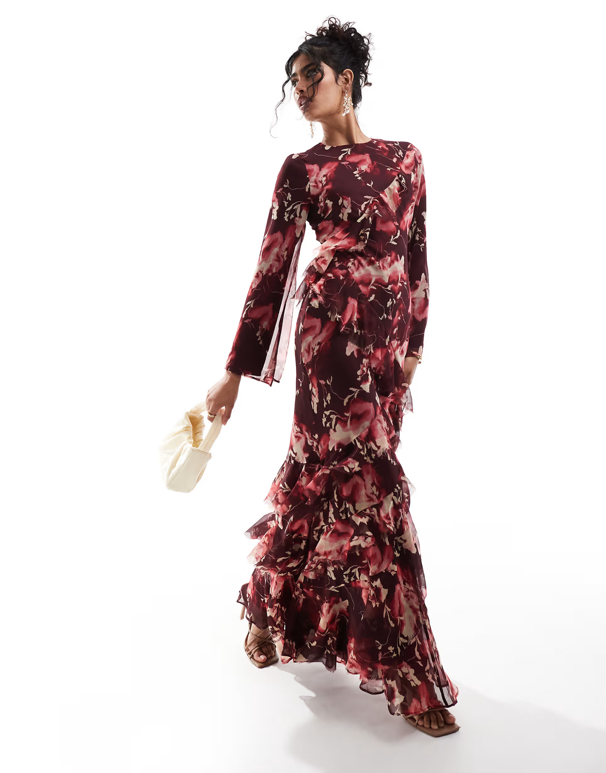 ASOS DESIGN fluted  long sleeve extreme ruffle maxi dress in burgundy abstract floral print | ASOS (Global)