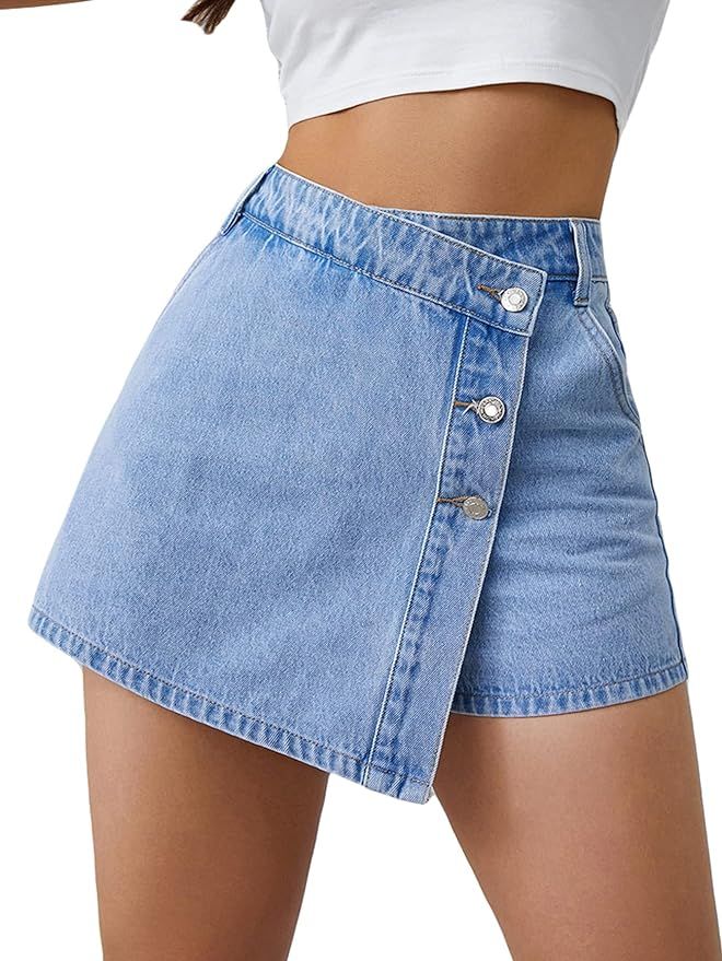Floerns Women's Casual Wrap Button Front Asymmetrical Jean Denim Skort Skirt Shorts | Amazon (US)