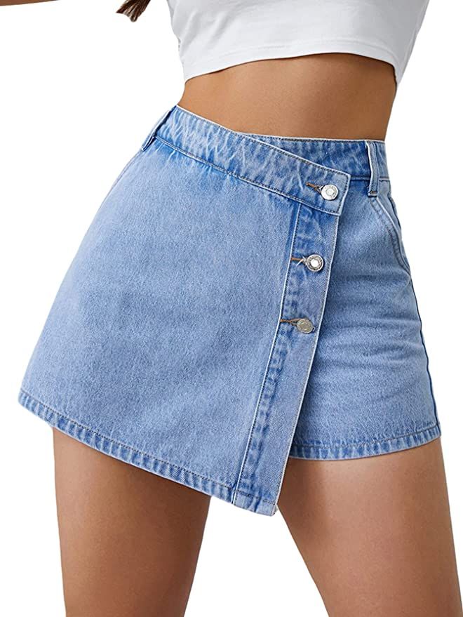 Floerns Women's Casual Wrap Button Front Asymmetrical Jean Denim Skort Skirt Shorts | Amazon (US)