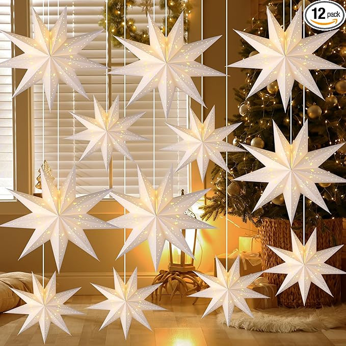 Youyole 12 Set Christmas 3D Paper Star Lantern 9 Pointed Hanging Star Paper Lanterns Ornaments wi... | Amazon (US)