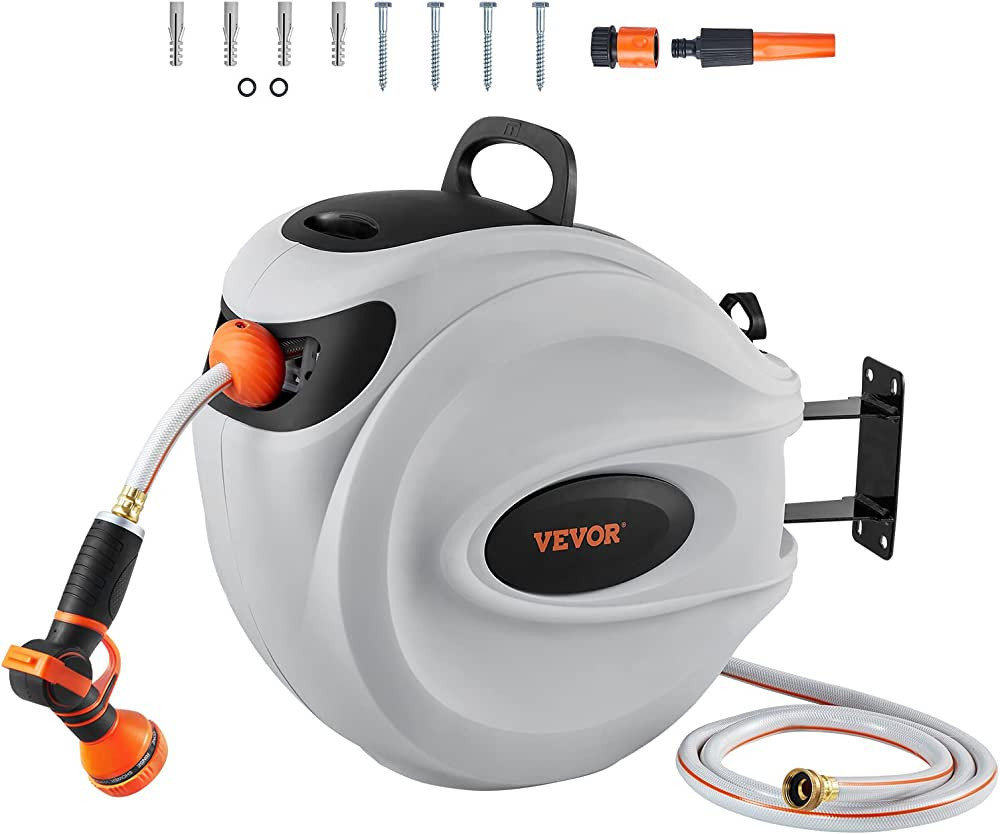 VEVOR Retractable Hose Reel, 100 ft x 1/2 inch, Garden Water Hose Reel with 9-Pattern Nozzle, 180... | Amazon (US)