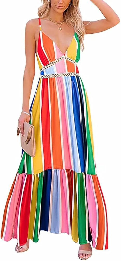 Women Adjustable Spaghetti Strap V-Neck Open Back Rainbow Striped Printing Ruffle Tiered Maxi Sun... | Amazon (US)