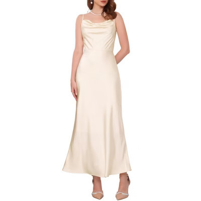 INSPIRE CHIC Women's Satin Spaghetti Strap Cowl Neck Ruched Evening Cocktail Sleeveless Midi Dresses Small Champagne | Target