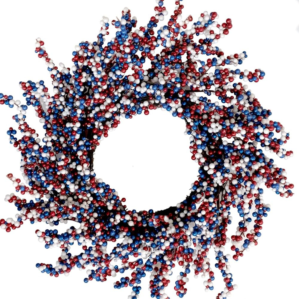 18 Inch 4th of July Patriotic Red White Blue Brrries Wreath Memorial Day Independence Day Wreath ... | Amazon (US)