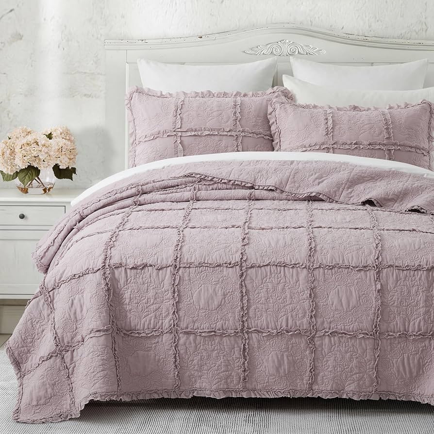 HORIMOTE HOME 100% Cotton Ruffle Quilt Set King Size, Mauve Farmhouse Shabby Chic Bedspread Cover... | Amazon (US)