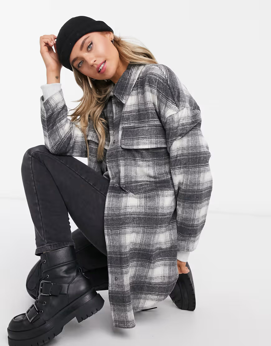 Stradivarius longline overshirt shacket in gray plaid-Black | ASOS (Global)