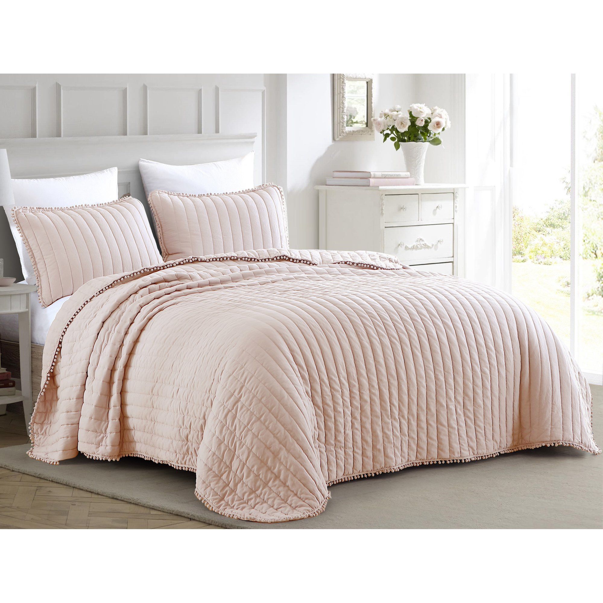 Chezmoi Collection Iris 3-Piece Blush Pink Pom Pom Quilt Set , Channel Quilted Pre-Washed Ball Fr... | Walmart (US)