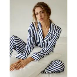The Amalfi Button-Up Full Length Striped Pajama Set | LilySilk