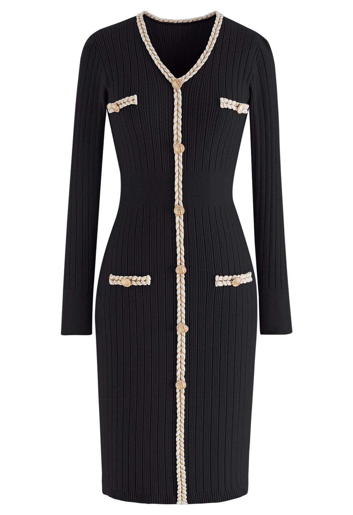 Braided Edge Golden Button Bodycon Knit Dress in Black | Chicwish