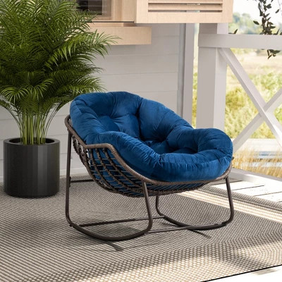 GDFStudio Charlotte Outdoor Oversized Rattan Egg Rocking Chair with Cushion, Blue | Target