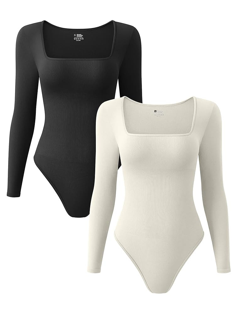 OQQ Women's 2 Piece Bodysuits Sexy Ribbed One Piece Square Neck Long Sleeve Tops | Amazon (US)