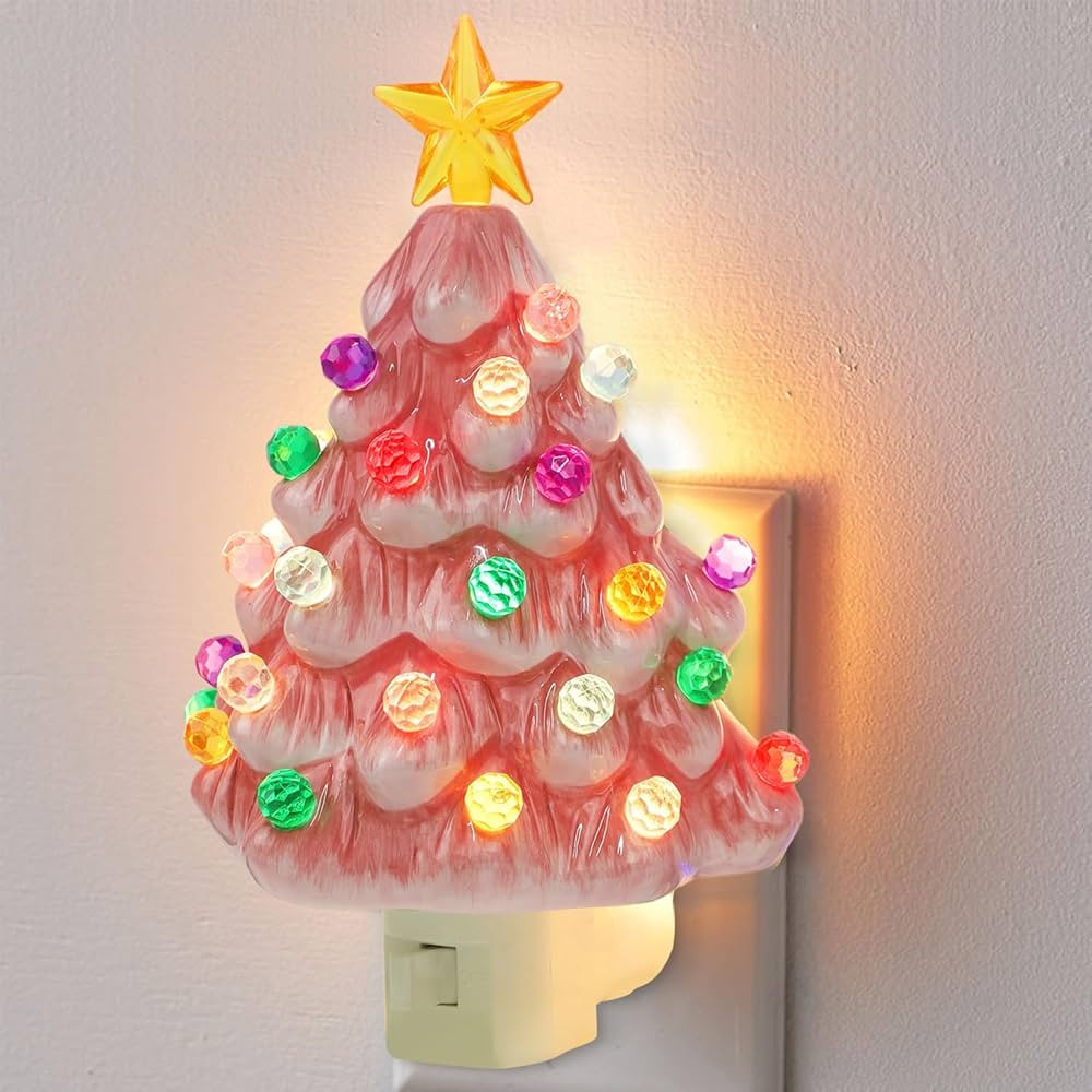 Hausse Pink Christmas Tree Night Light, Decorative Ceramic Xmas Tree Nightlight with Lamp for Kid... | Amazon (US)
