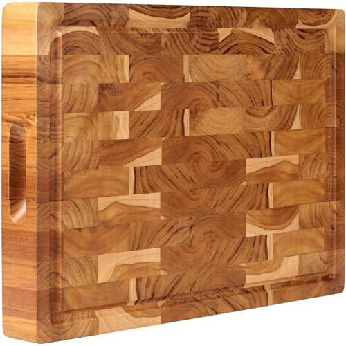 Teak Wooden Cutting Board (17x13x1.5in) End Grain Cutting Board, Butcher Block, Chopping Board - Reversible Multipurpose For Kitchen with Juice Groove & Inner Handles with Gift Box Included | Amazon (US)