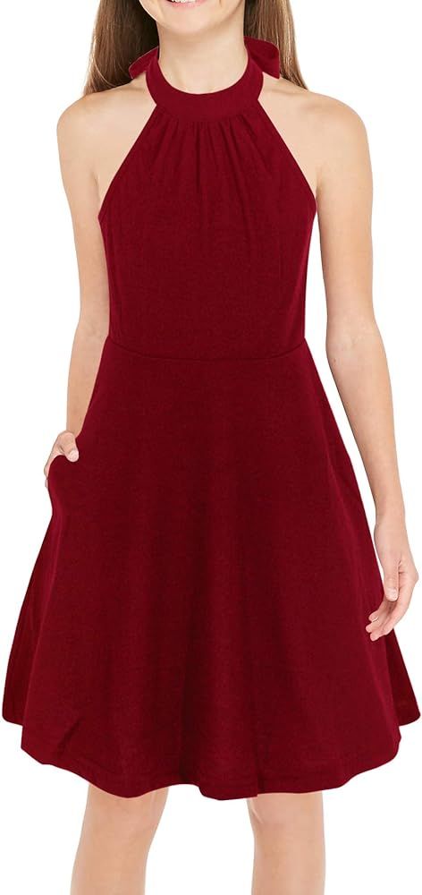 GORLYA Girl's Halter Neck Cold Shoulder Sleeveless Summer Casual Sundress A-line Dress with Pocke... | Amazon (US)
