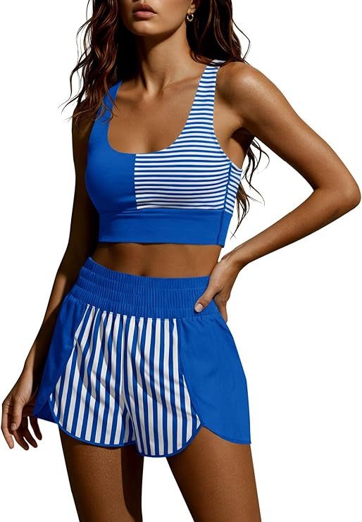 Fisoew Womens Two Piece Workout Outfits Cropped Tank Top Color Block Gym Yoga Athletic Short Sets... | Amazon (US)