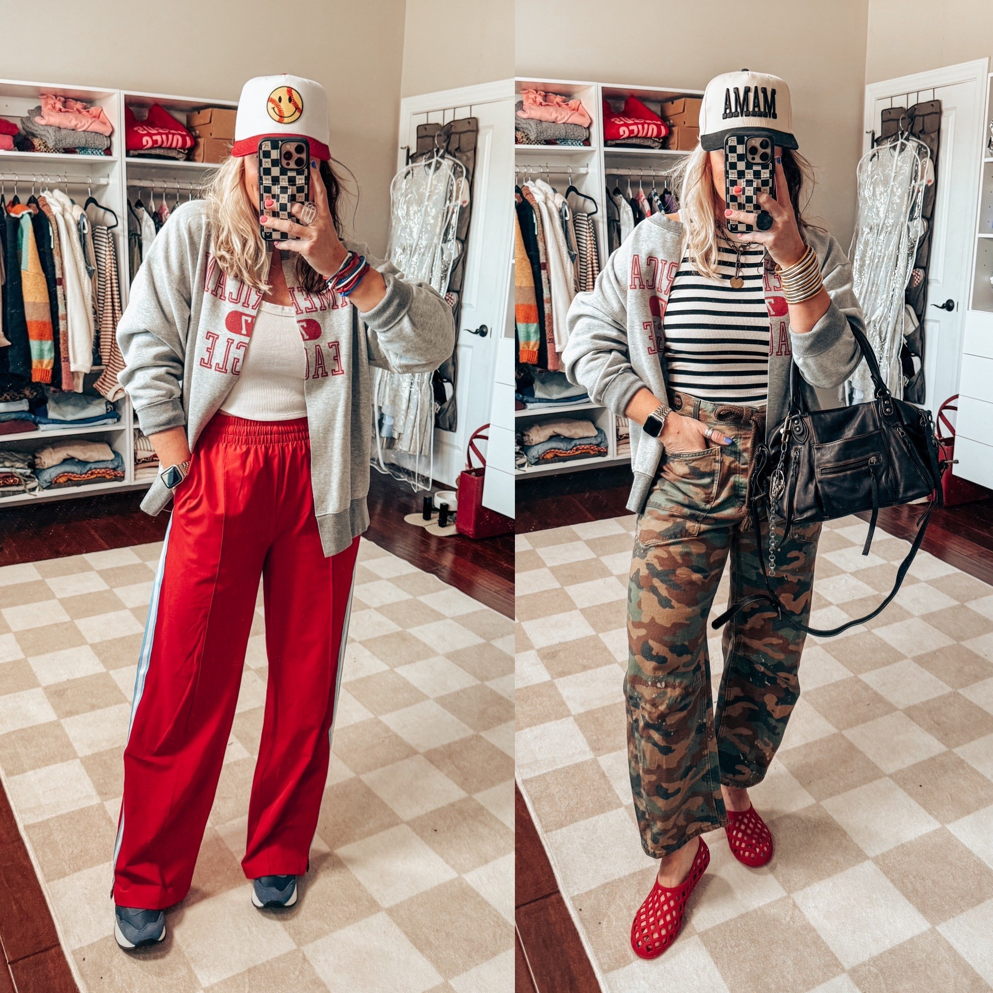 Cutting a sweatshirt or tee down the middle is so fun! This one is older and was a perfect to cut. 
White tank - M/L
Track pants - M
New Balance - sized down 1/2 size 
Striped tank - S
Camo jeans - true to size 
Jelly shoes - true to size 
 
  

#LTKStyleTip #LTKOver40 #LTKFindsUnder50