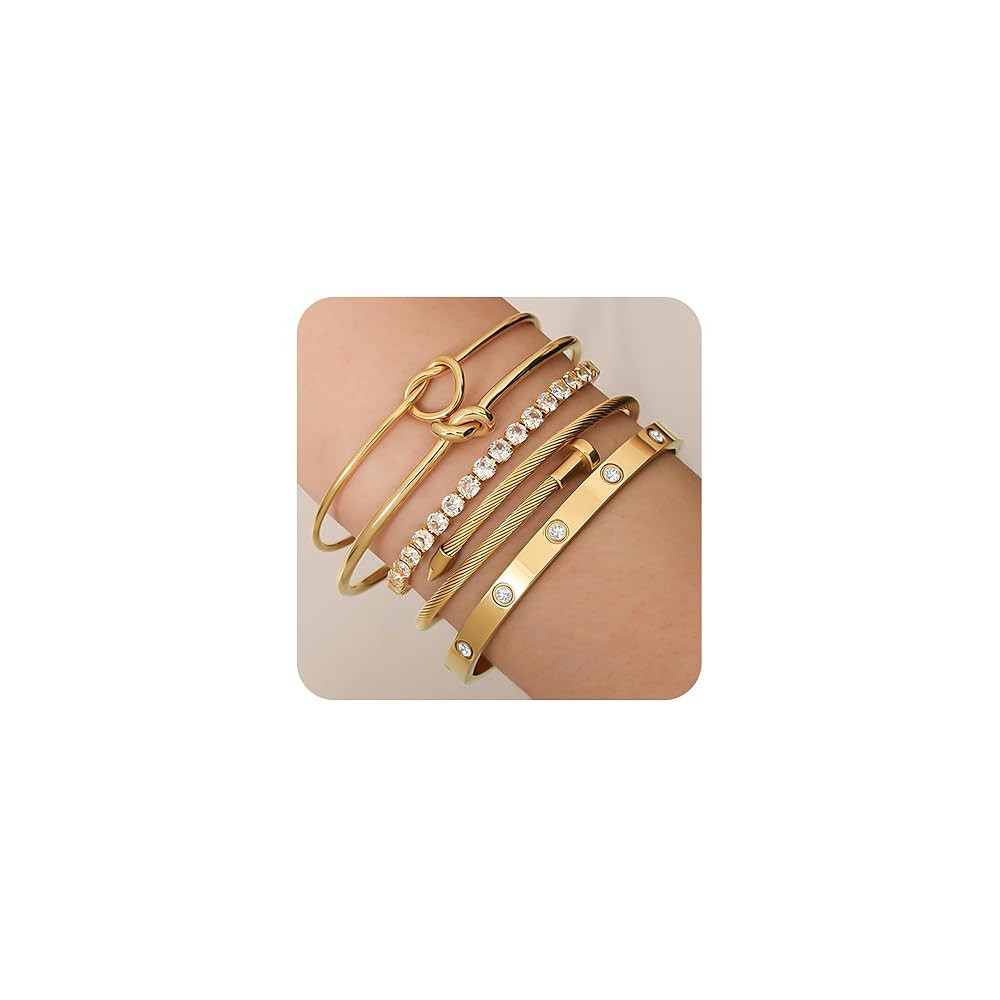 18 K Gold Plated Love Bangle Bracelet Stack Cuff Jewelry for Women Jewelry Set for Women Gift wit... | Amazon (US)