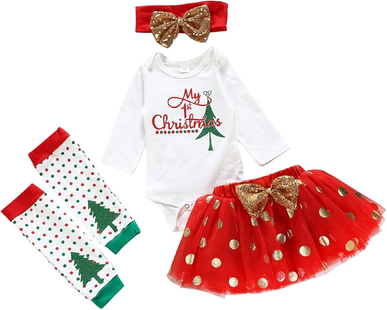 Bodysuit+Tutu Skirt+Leg Warmers+Bow Headband Christmas Outfits Set | Amazon (US)