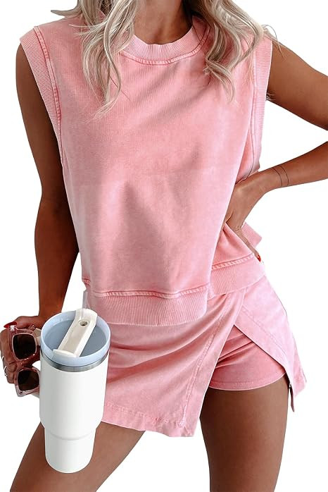 Women 2pc Mineral Wash Athletic Lounge Tank Skirt Set | Amazon (US)