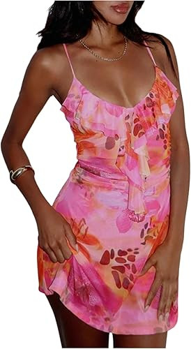 GORGLITTER Women's Y2k Floral Mini Dress Spaghetti Strap Mesh Ruffle Coquette Short Dresses Summe... | Amazon (US)