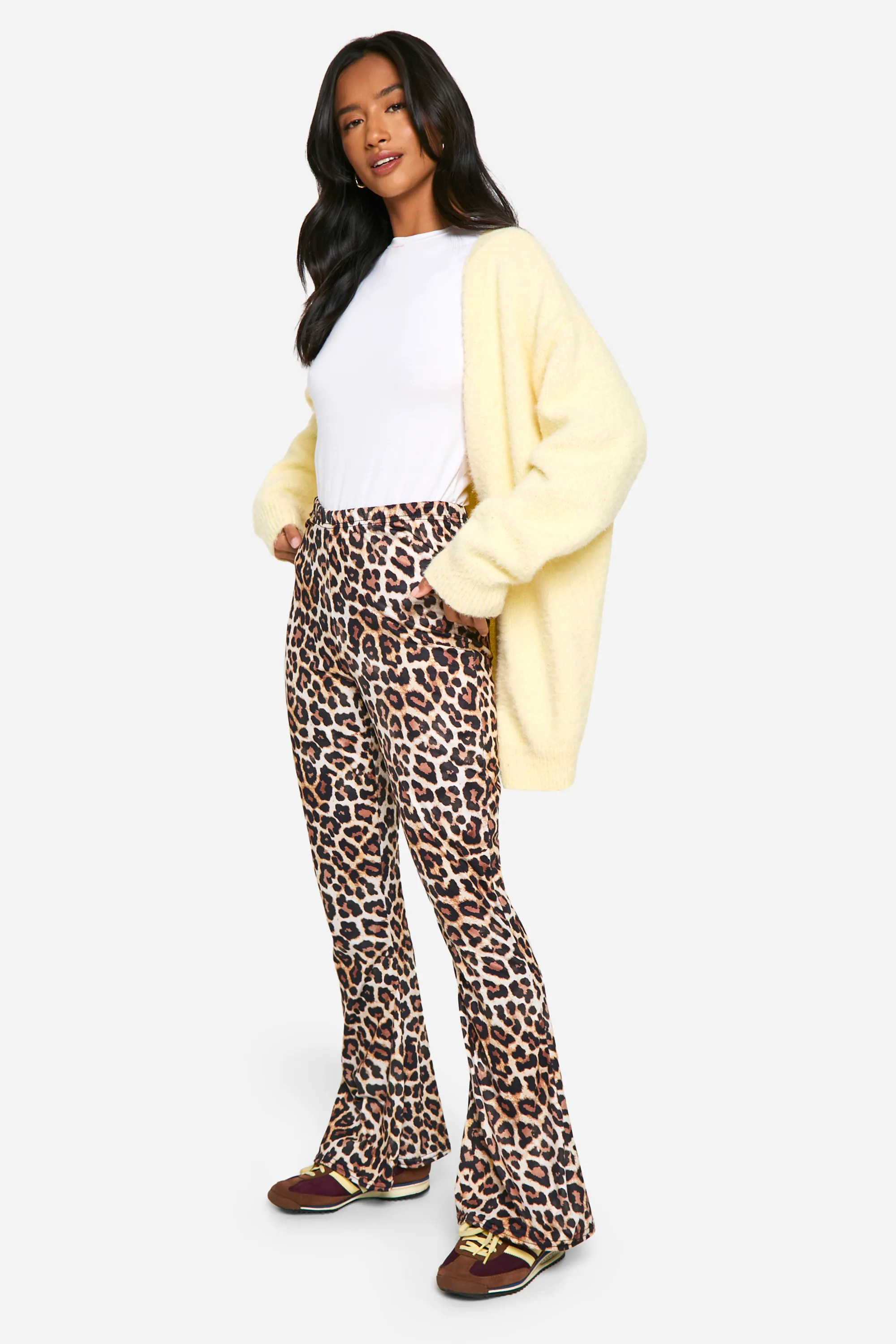 Trousers | Petite Leopard High Waist Basic Fit & Flare Trouser | boohoo | Debenhams UK