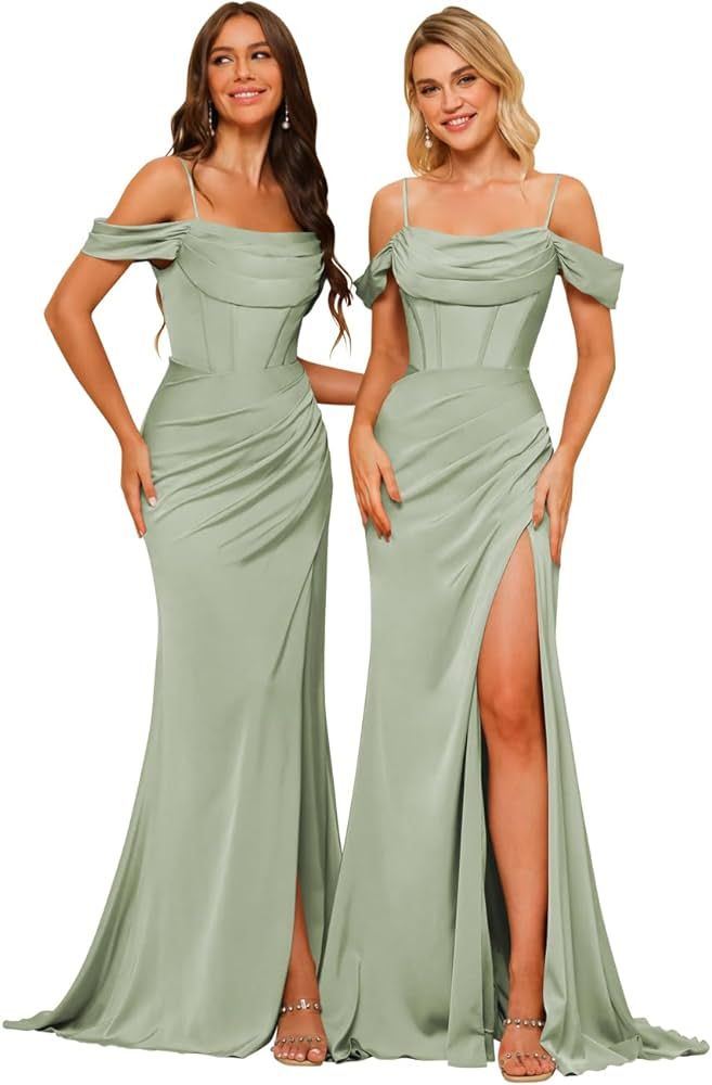 PUXIU Long Satin Bridesmaid Dresses for Women Spaghetti Strap Prom Dress with Silt PU070 | Amazon (US)